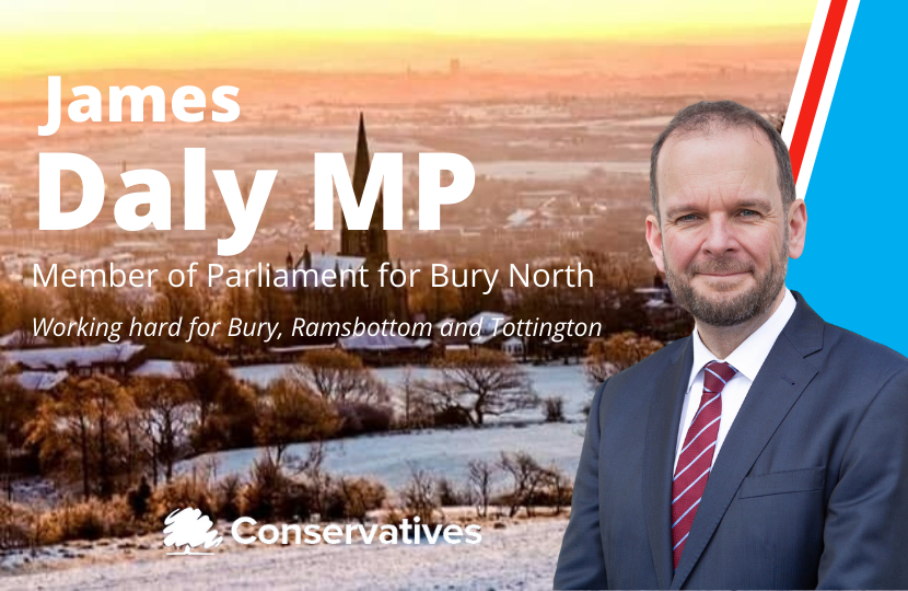 James Daly MP, Member of Parliament for Bury North. Working hard for Bury, Ramsbottom and Tottington. James is stood in front of a snowy, winitering scene overlooking Walshaw Church