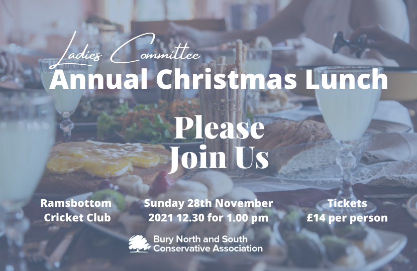Ladies Committee Annual Christmas Lunch - Please join us on 28th November 2021, 1230 for 1pm at Ramsbottom Cricket Club. £14 per person. the image is of a slightly transparent photo of a table with lots of food on. The food includes sandwiches and fruit. Three glasses of Bitter Lemon are on the table