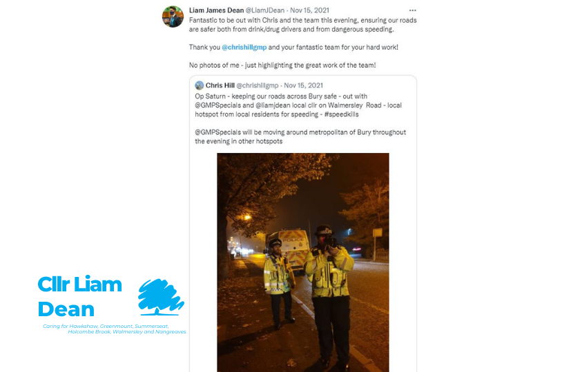 Chief Supt Chris Hill and Cllr Liam Dean tweet about the success of the speeding sting operation
