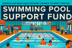  A colorful graphic displays "Councillor Dean Calls on Bury Council to Apply for Swimming Pool Support Fund." It features a lively community pool scene with diverse individuals swimming, socializing, and officials in discussion, emphasizing the pool's communal value.